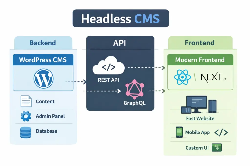 Diagram arsitektur headless CMS: WordPress backend terhubung ke frontend React/Next.js melalui REST API dan GraphQL.
