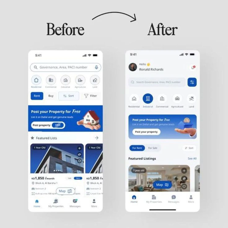 Side-by-side comparison of a mobile app interface before and after a UI redesign.