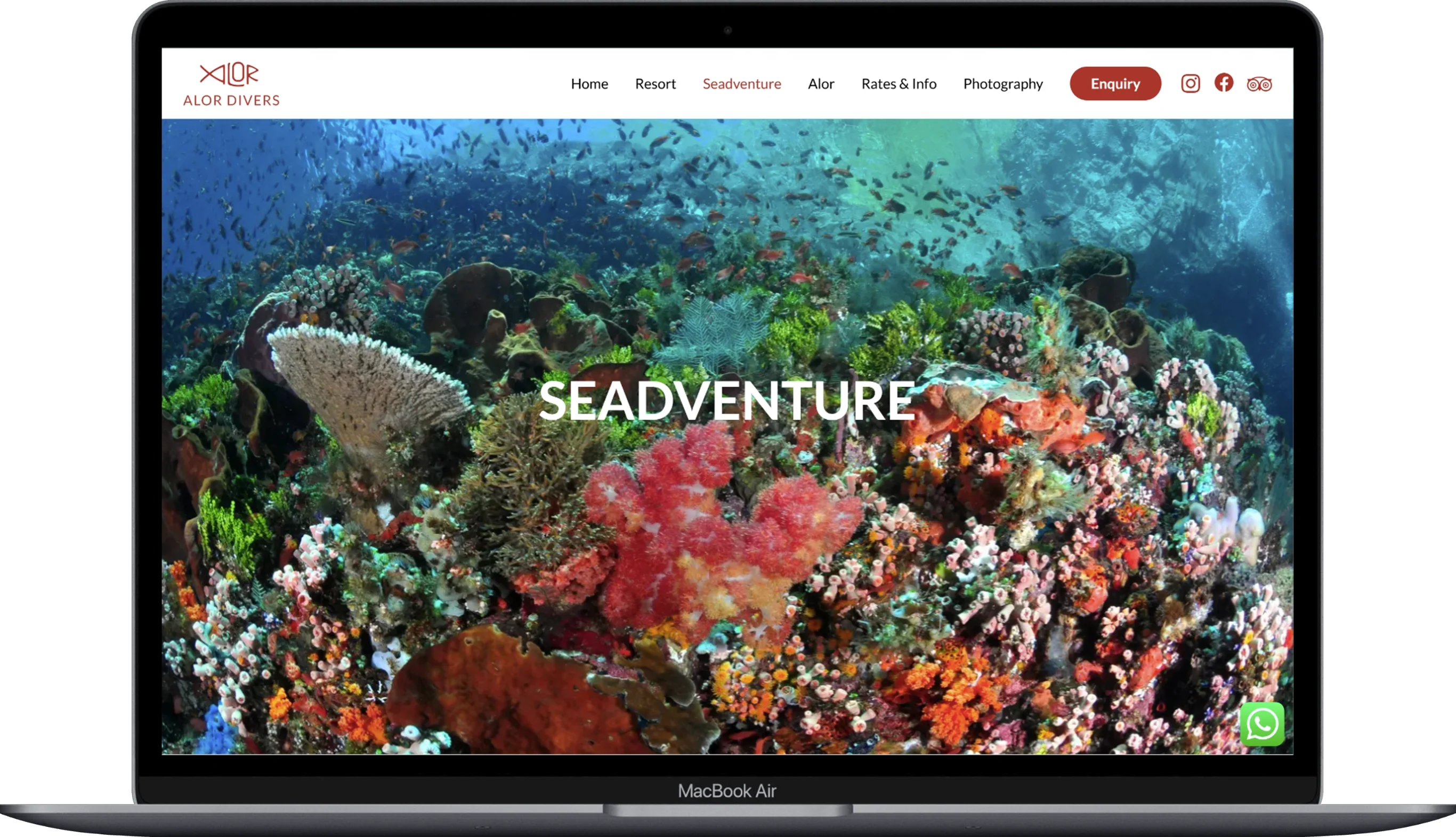 The page of the Alor Divers website displayed on a laptop.