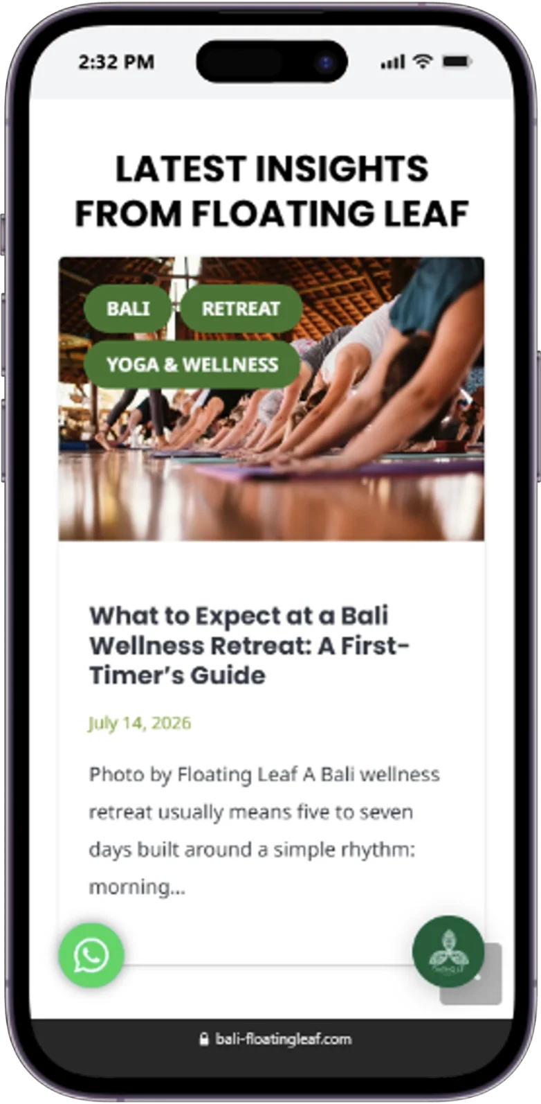 Responsive Contact Us page of the Floating Leaf website displayed on a mobile device.