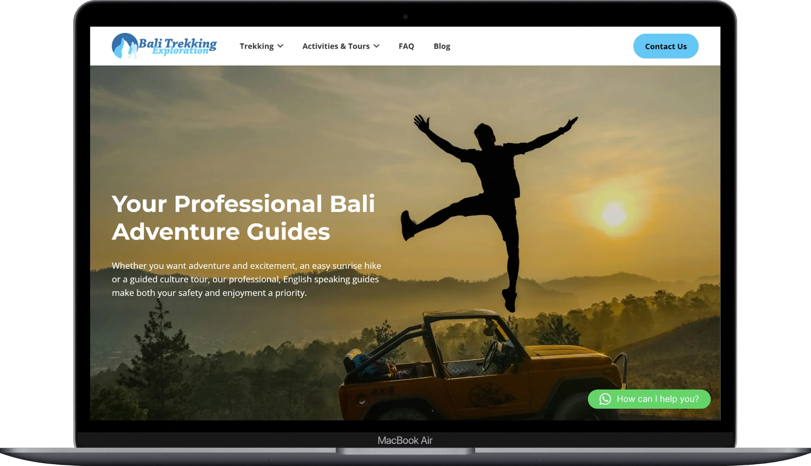 The page of the Bali Trekking Exploration website displayed on a laptop.