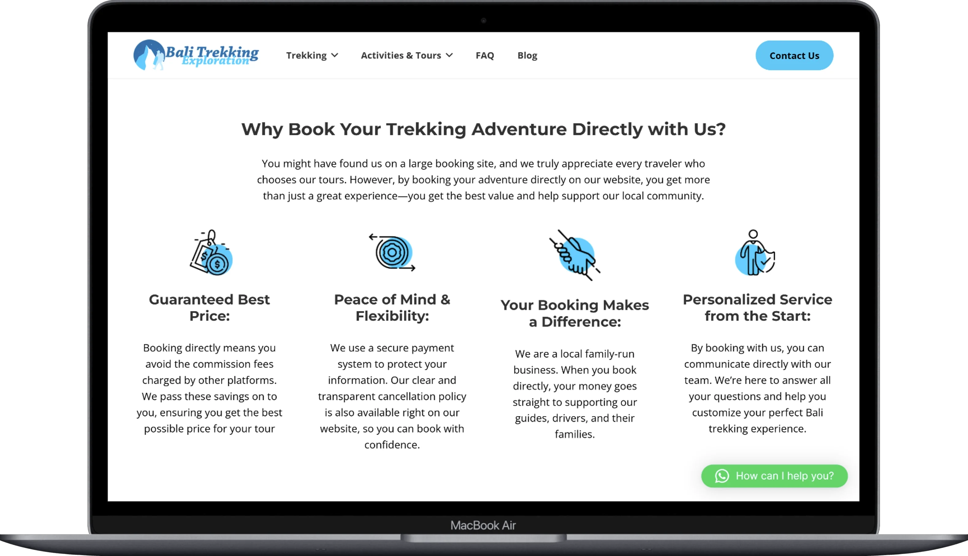 The page of the Bali Trekking Exploration website displayed on a laptop.