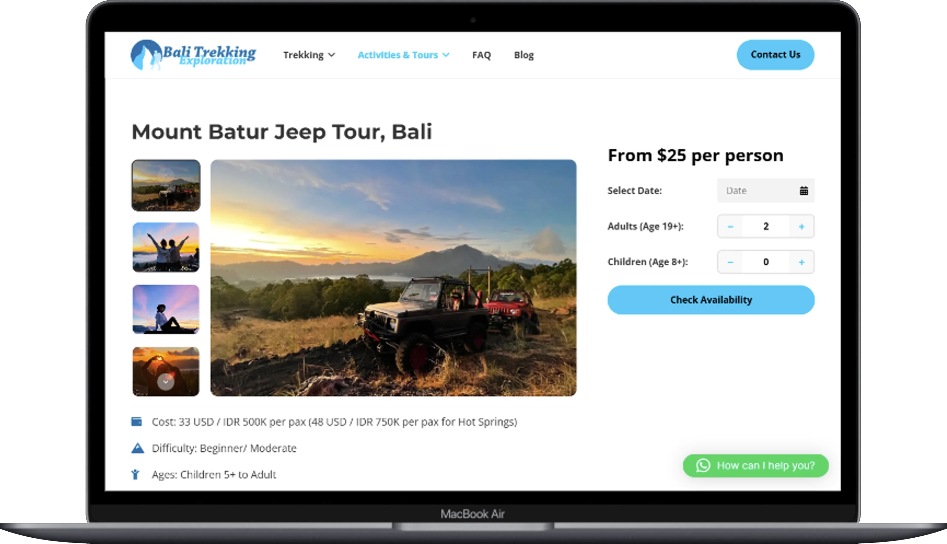 The page of the Bali Trekking Exploration website displayed on a laptop.