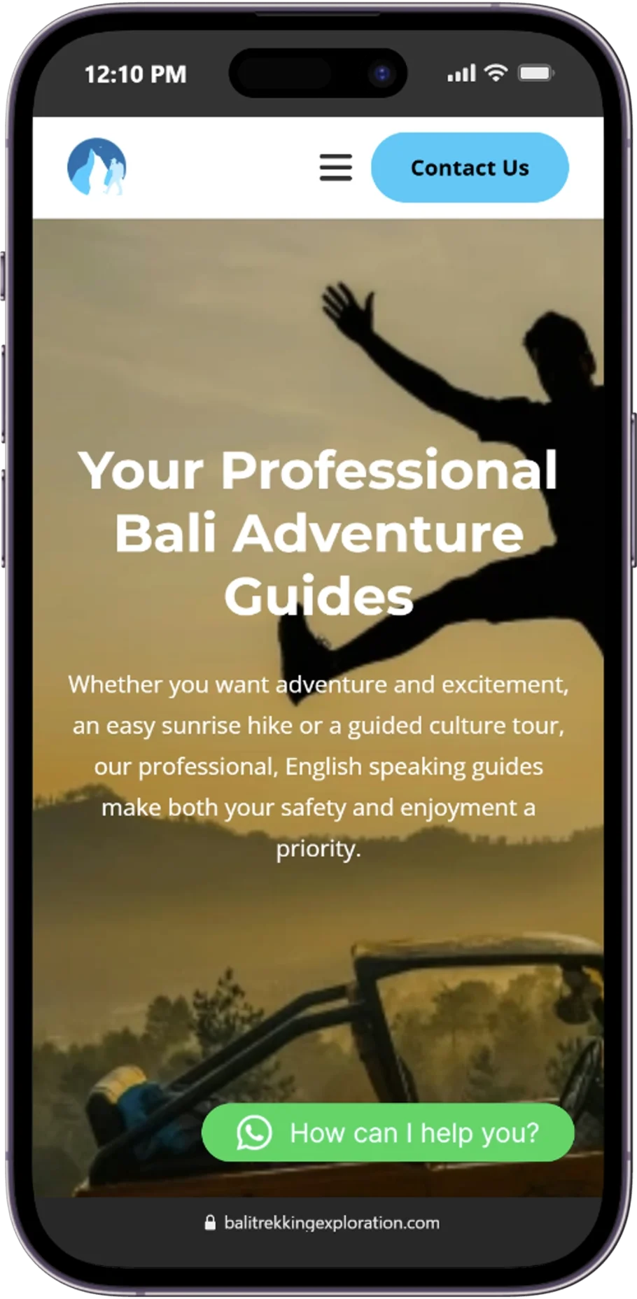 Responsive page of the Bali Trekking Exploration website displayed on a mobile device.