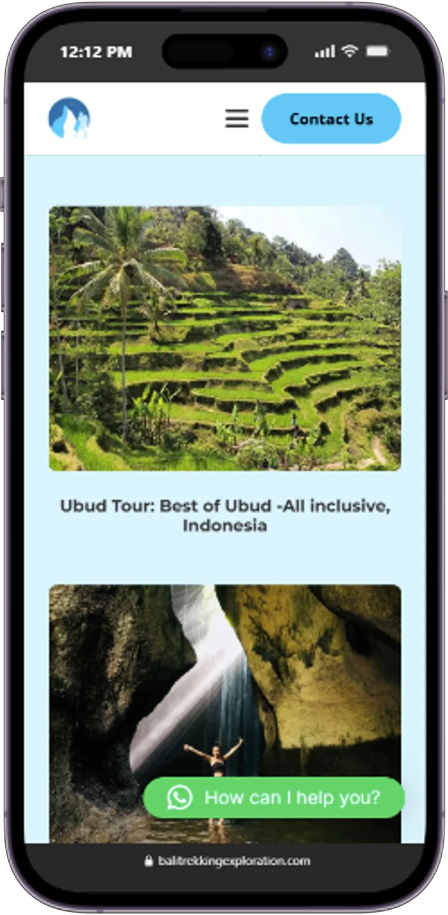 Responsive page of the Bali Trekking Exploration website displayed on a mobile device.