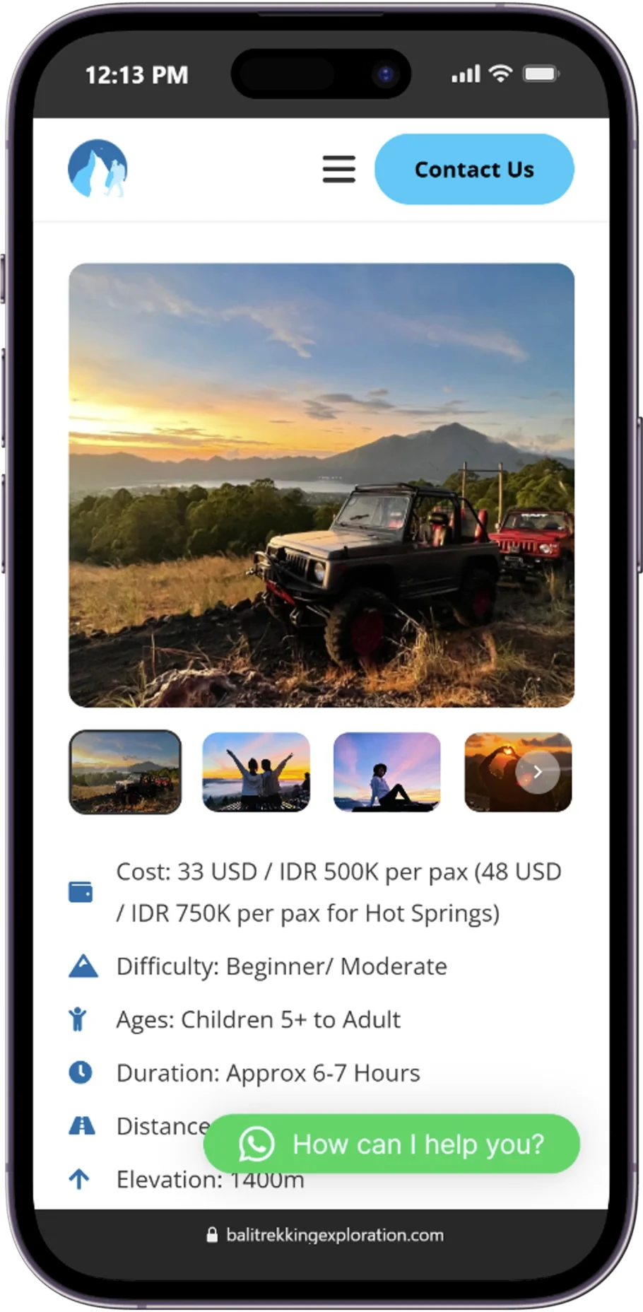 Responsive page of the Bali Trekking Exploration website displayed on a mobile device.