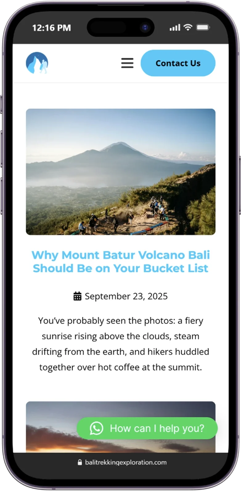 Responsive page of the Bali Trekking Exploration website displayed on a mobile device.