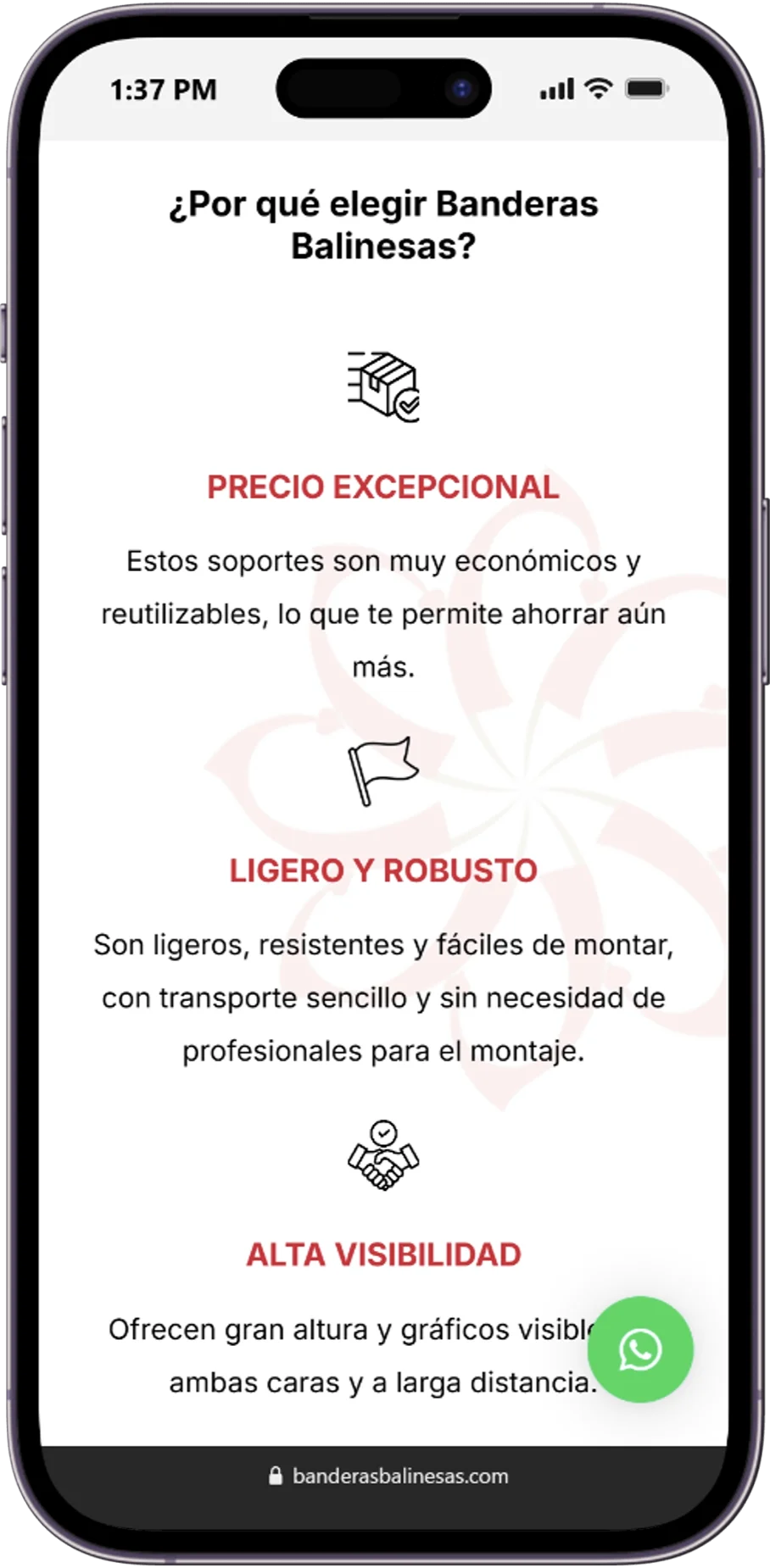 Responsive page of the Banderas Balinesas website displayed on a mobile device.