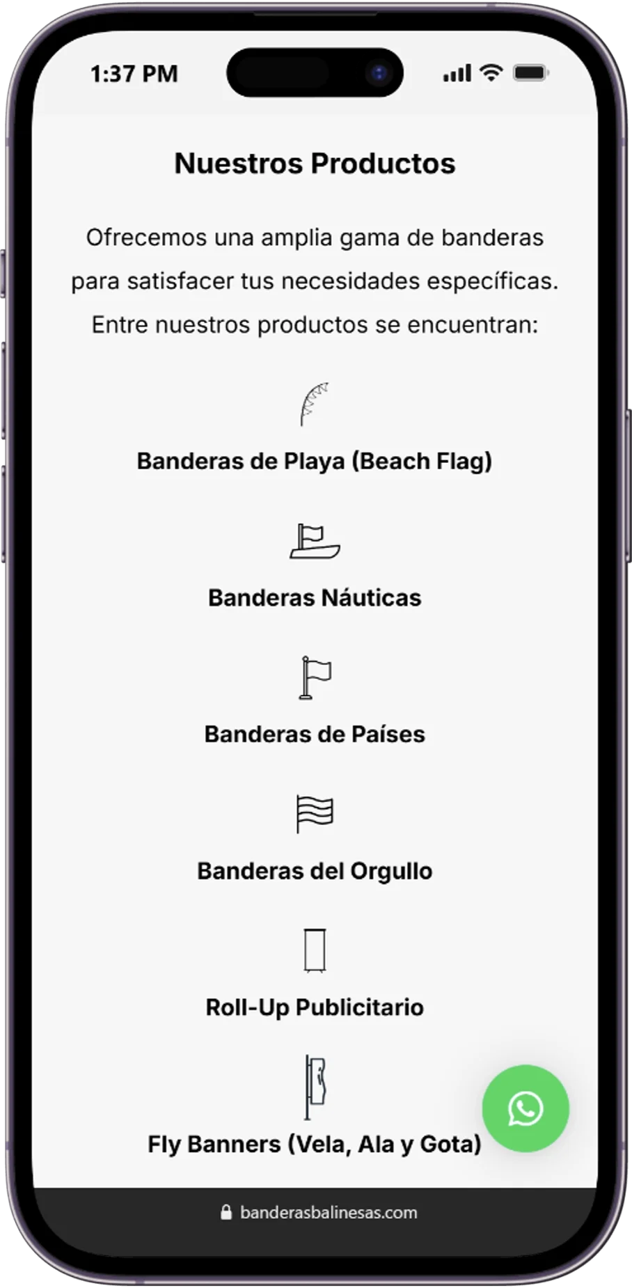 Responsive page of the Banderas Balinesas website displayed on a mobile device.