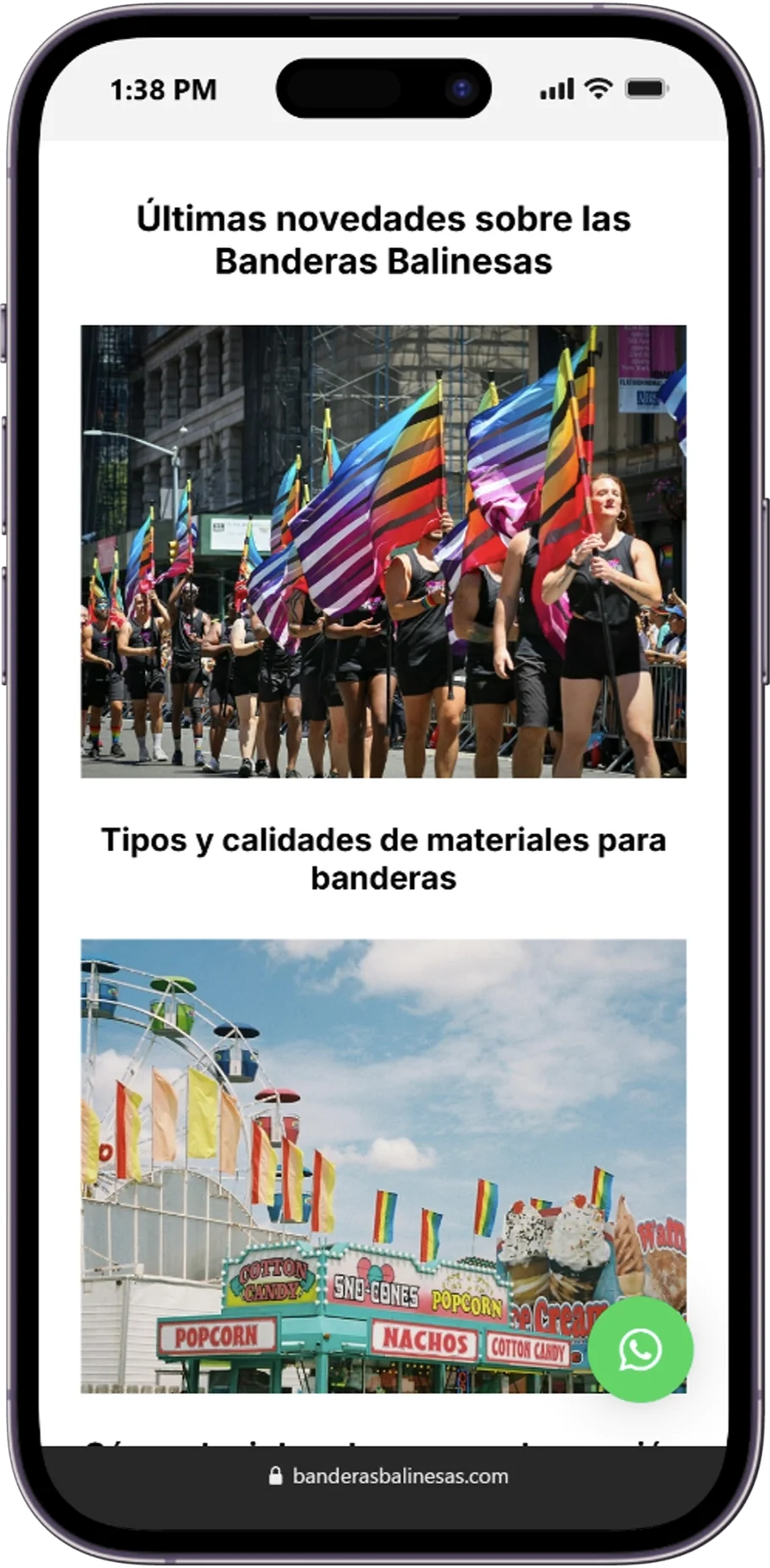 Responsive page of the Banderas Balinesas website displayed on a mobile device.