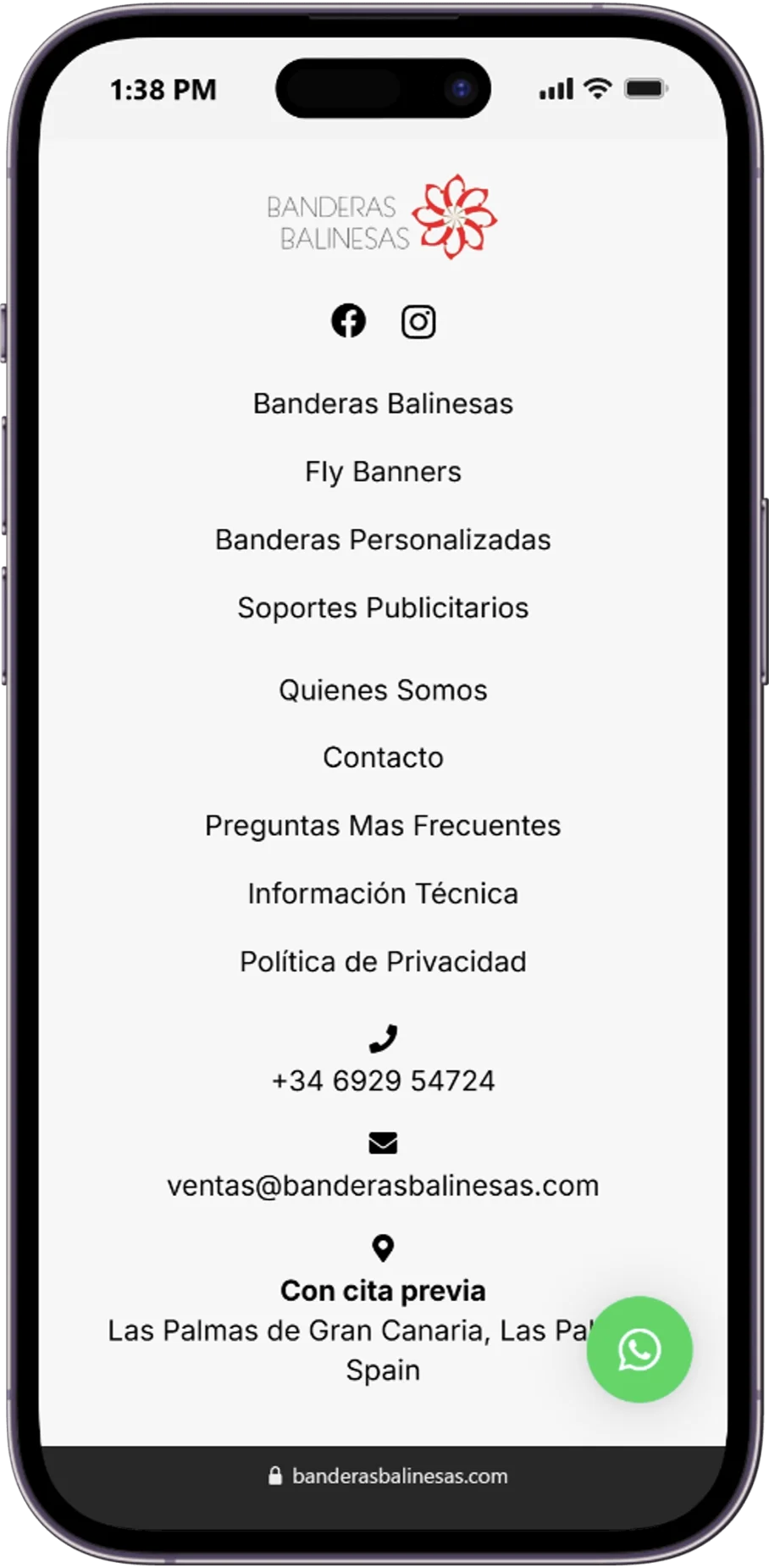 Responsive page of the Banderas Balinesas website displayed on a mobile device.
