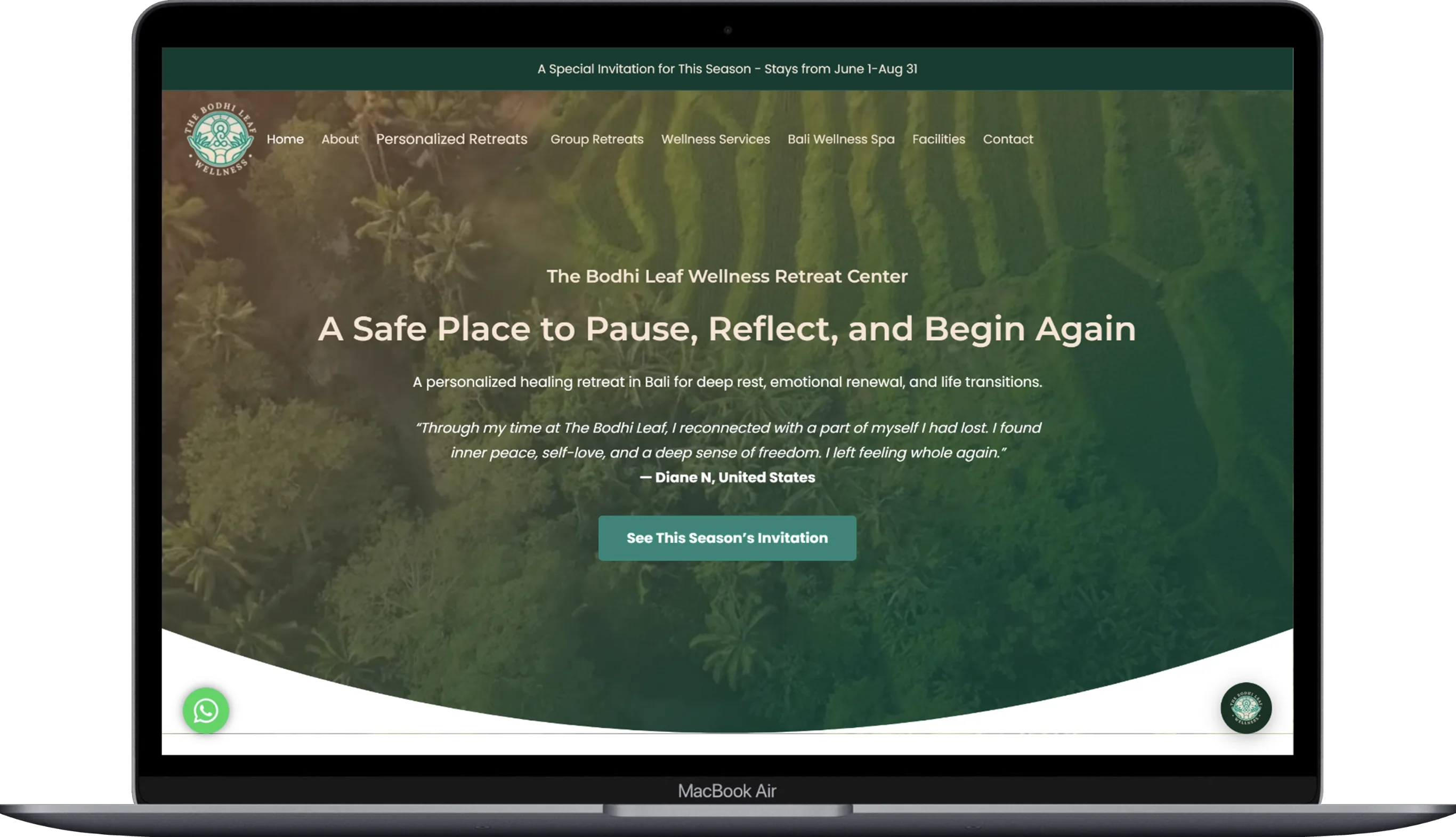 The page of the bodhi-leaf website displayed on a laptop.