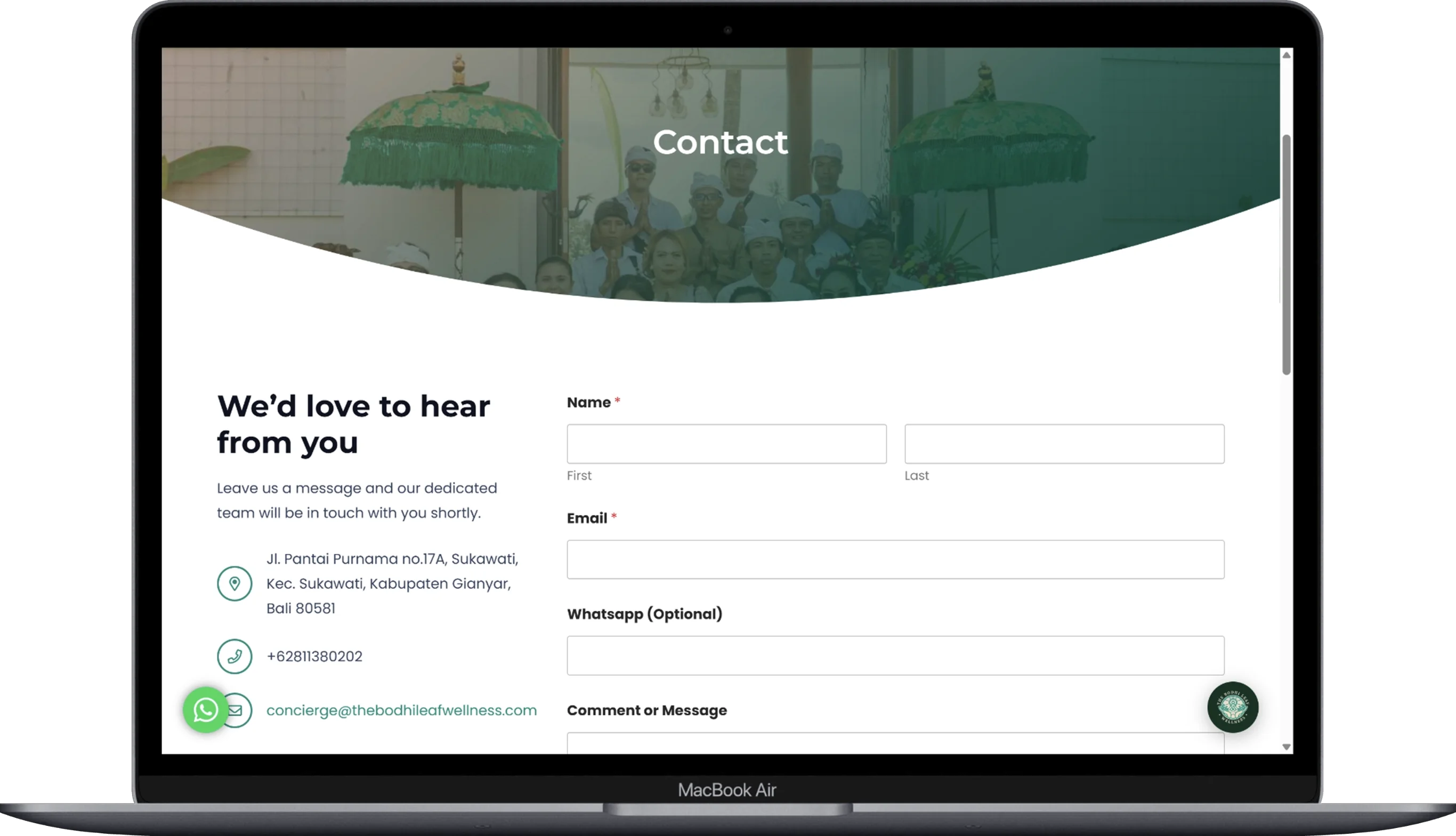 Contact Us page of the bodhi-leaf website displayed on a laptop.