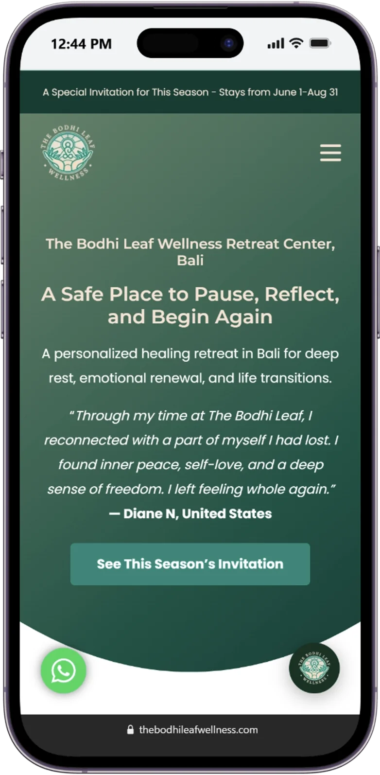 Responsive Homepage of the bodhi-leaf website displayed on a mobile device.