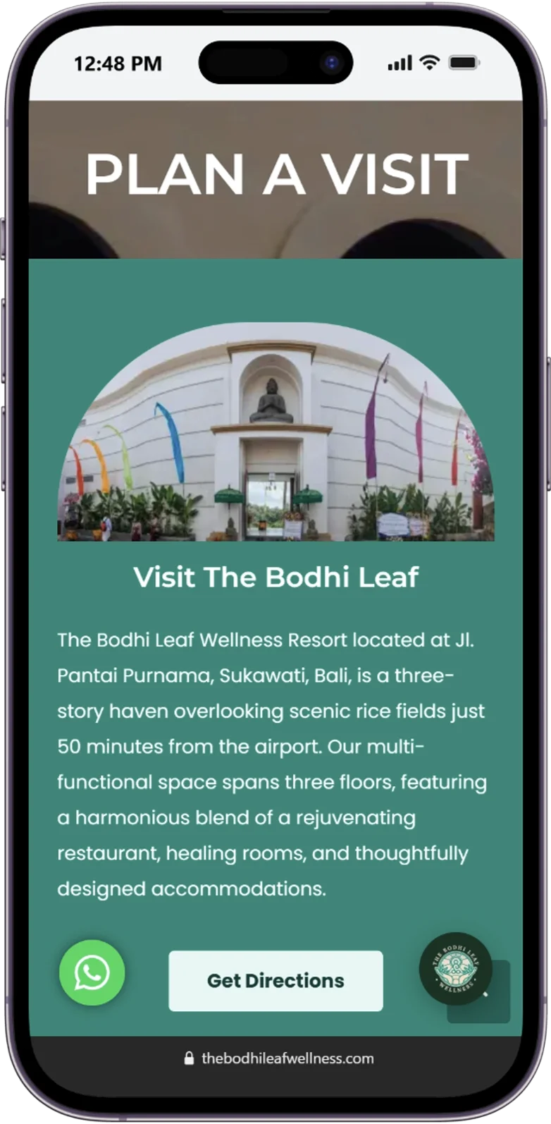 Responsive page of the bodhi-leaf website displayed on a mobile device.