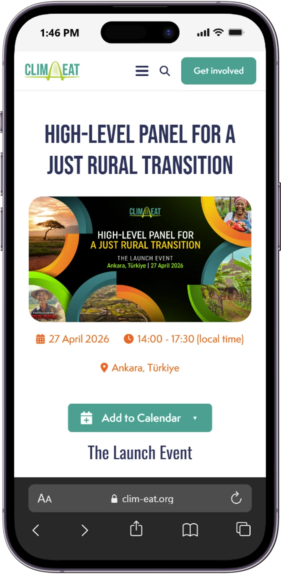 Responsive page of the Clim-Eat website displayed on a mobile device.