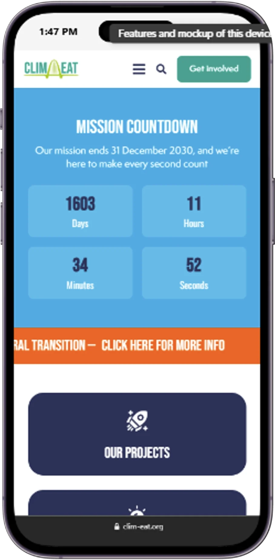 Responsive page of the Clim-Eat website displayed on a mobile device.