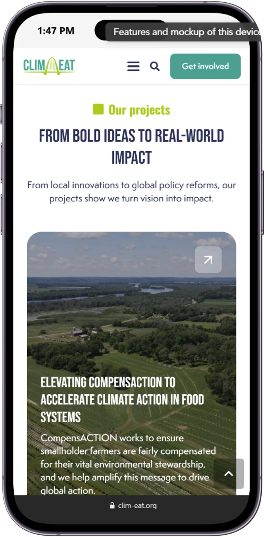 Responsive page of the Clim-Eat website displayed on a mobile device.