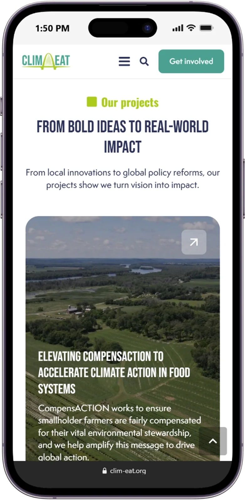 Responsive page of the Clim-Eat website displayed on a mobile device.