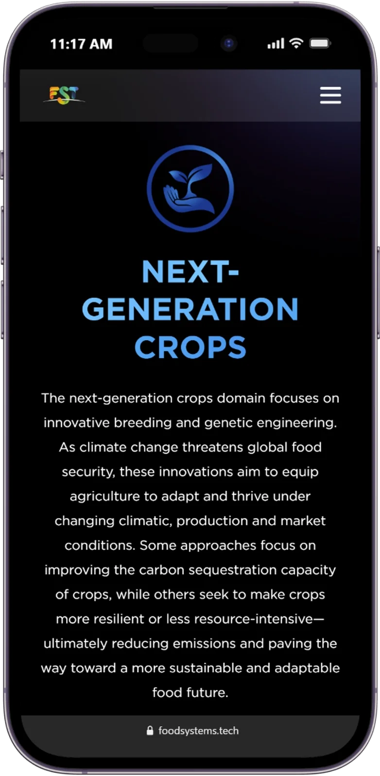 Responsive page of the fst website displayed on a mobile device.