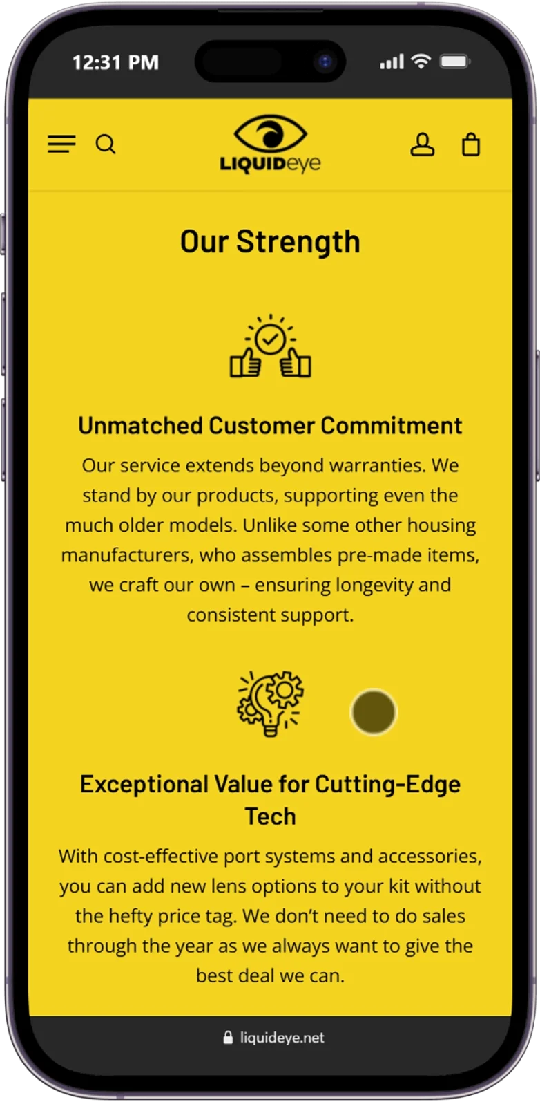 Responsive page of the liquid-eye website displayed on a mobile device.