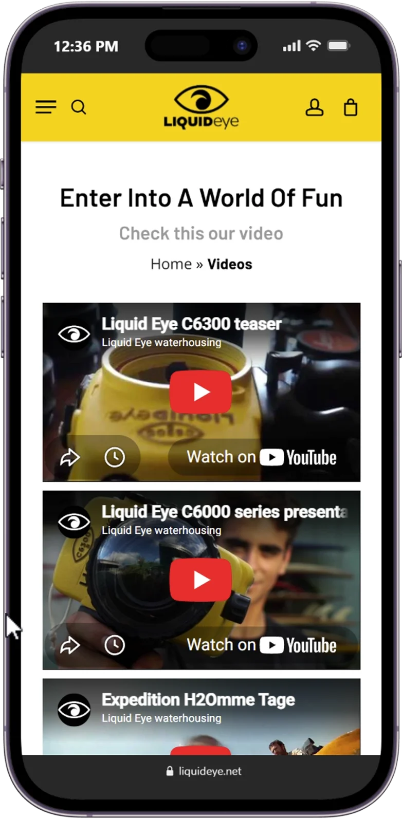Responsive Contact Us page of the liquid-eye website displayed on a mobile device.
