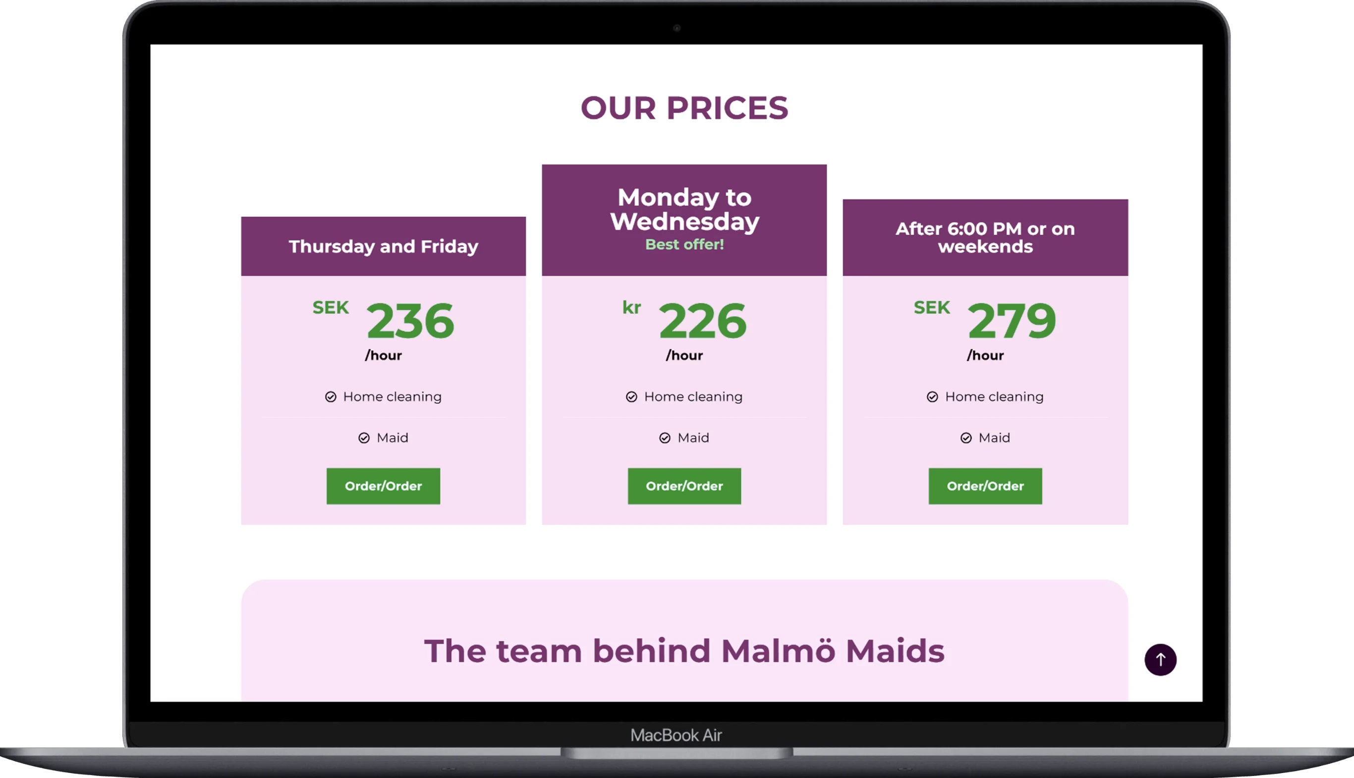 The page of the Malmo Maids website displayed on a laptop.