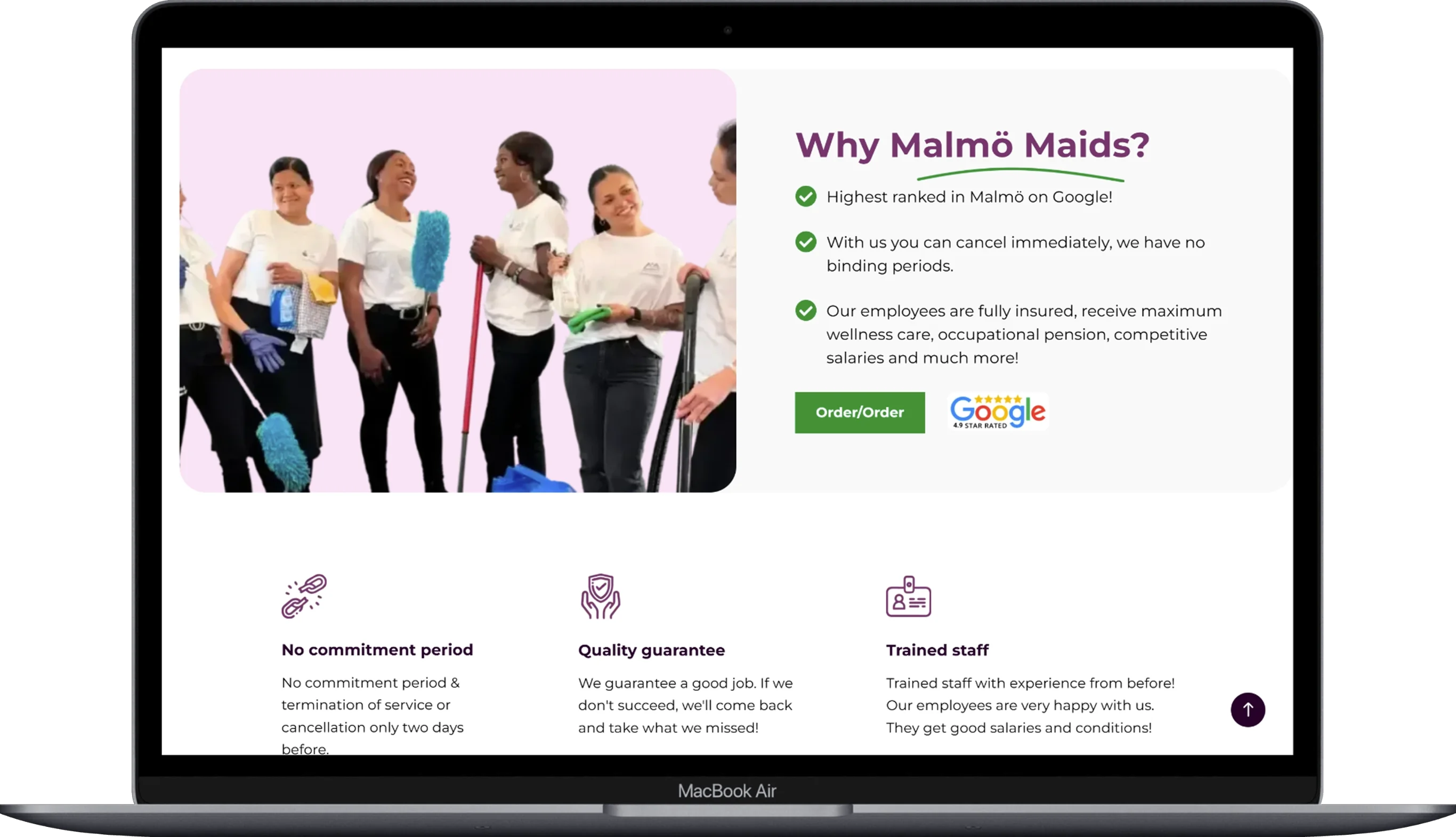 The page of the Malmo Maids website displayed on a laptop.