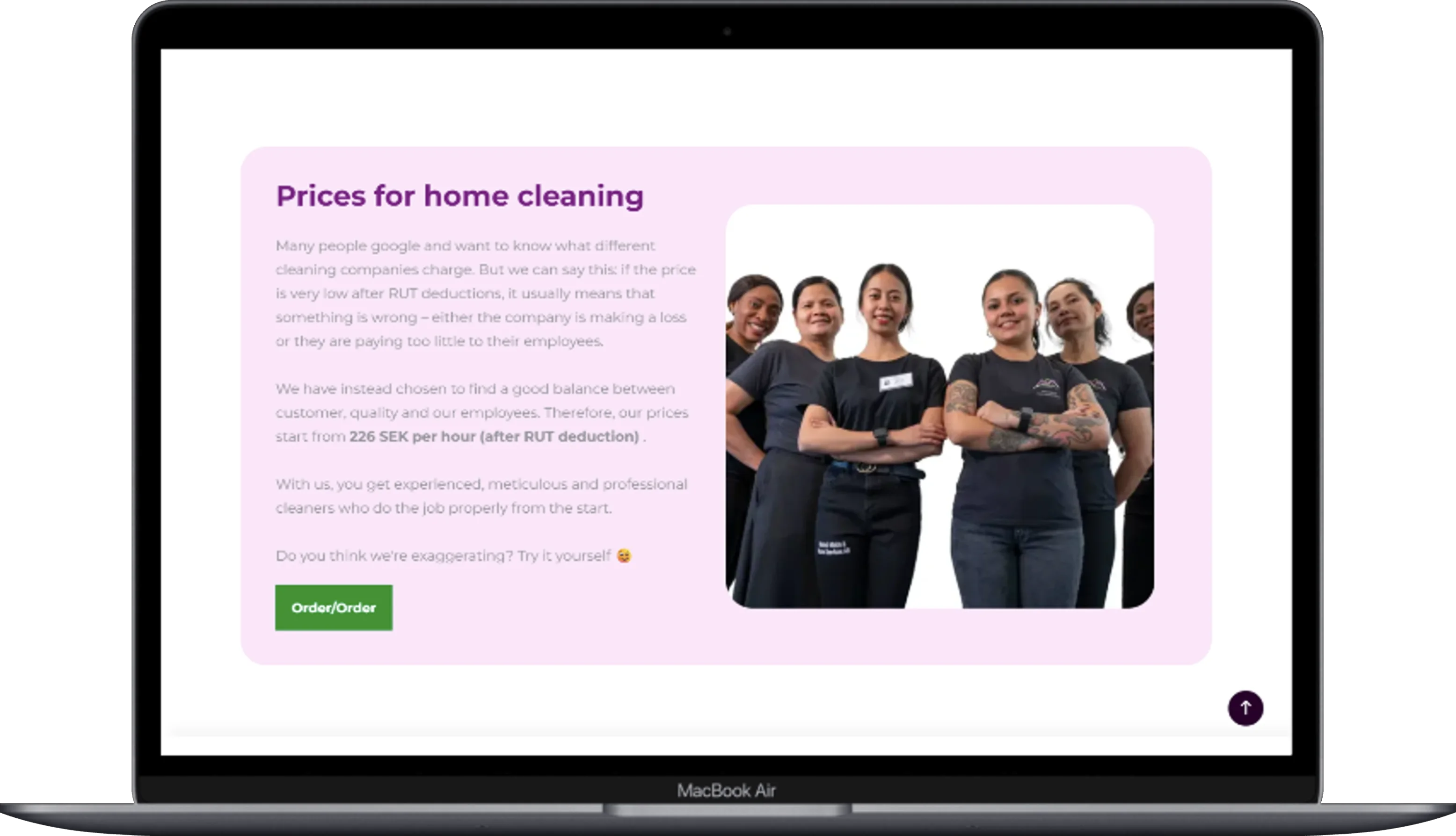 The page of the Malmo Maids website displayed on a laptop.