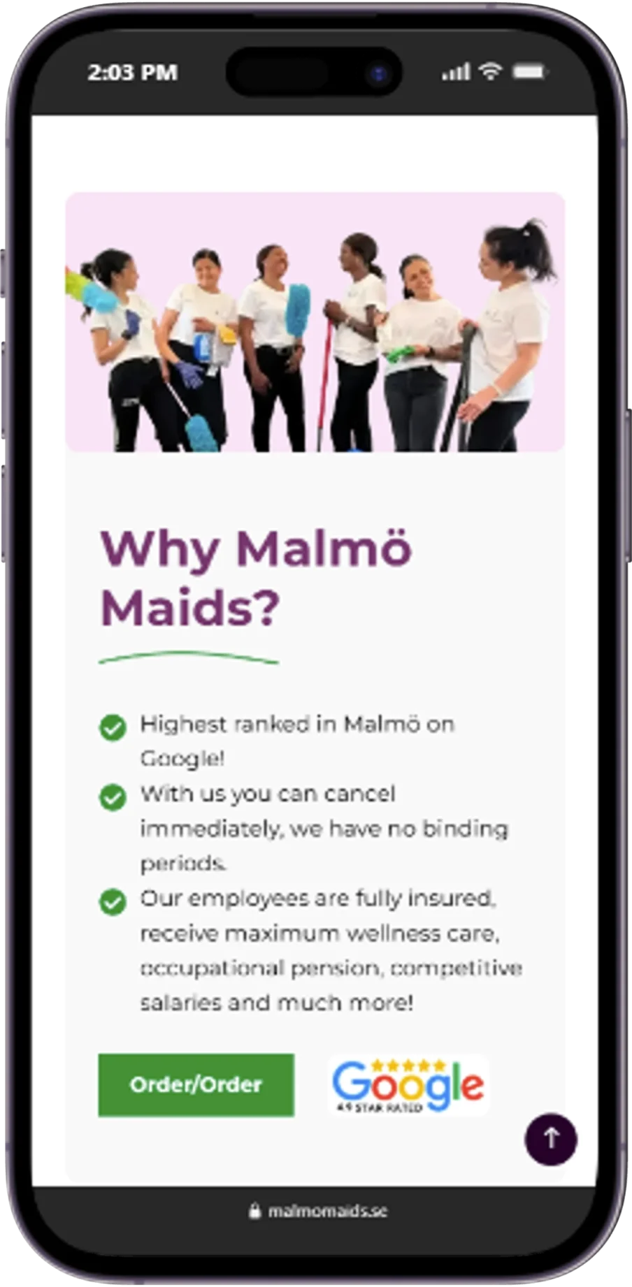 Responsive page of the Malmo Maids website displayed on a mobile device.