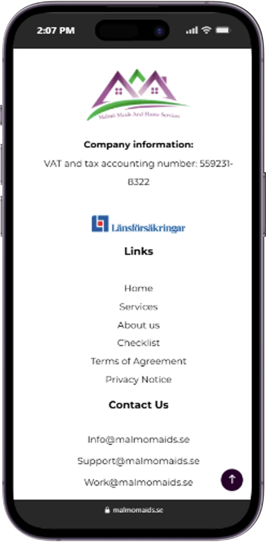 Responsive page of the Malmo Maids website displayed on a mobile device.