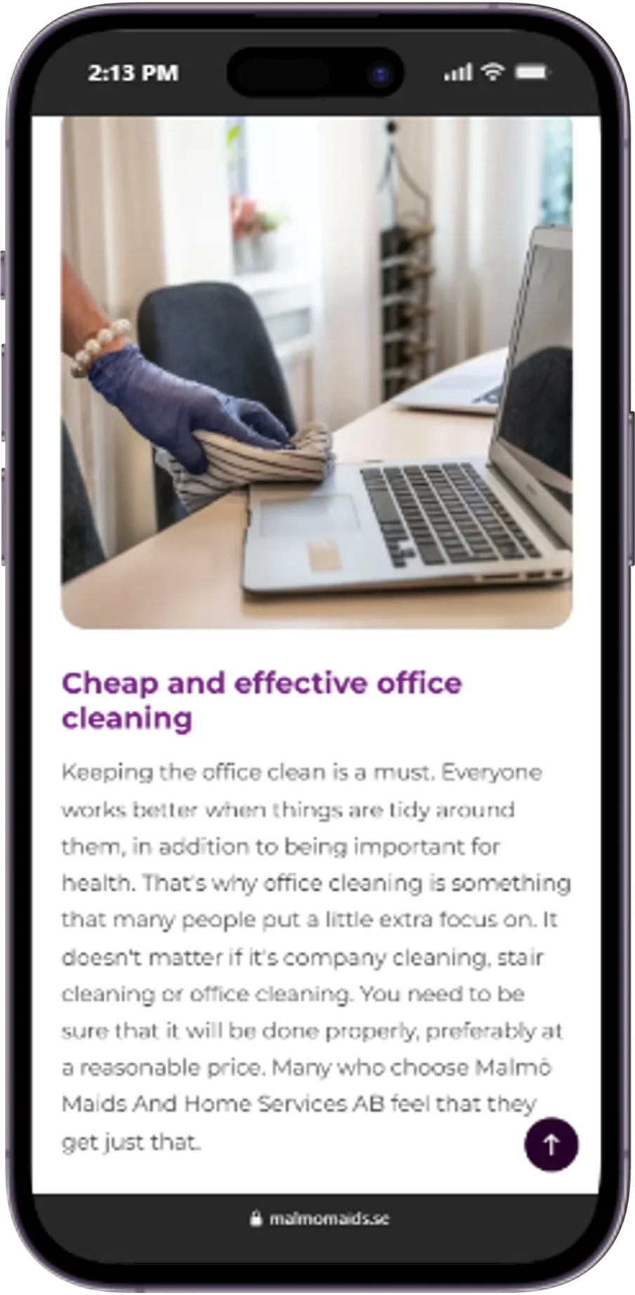 Responsive page of the Malmo Maids website displayed on a mobile device.