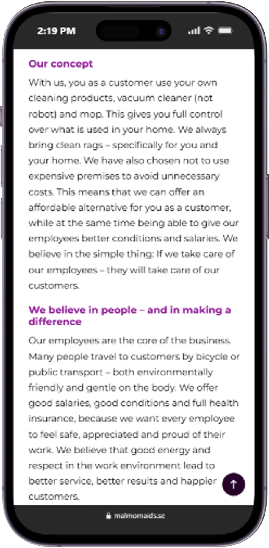 Responsive page of the Malmo Maids website displayed on a mobile device.