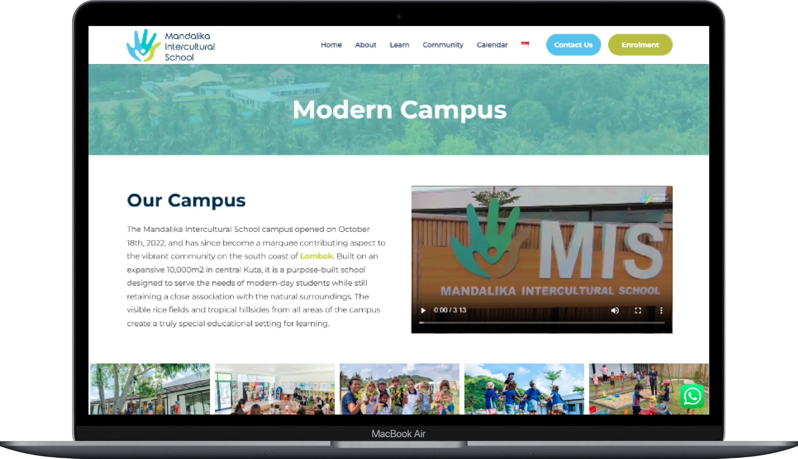 The page of the Mandalika Intercultural School website displayed on a laptop.