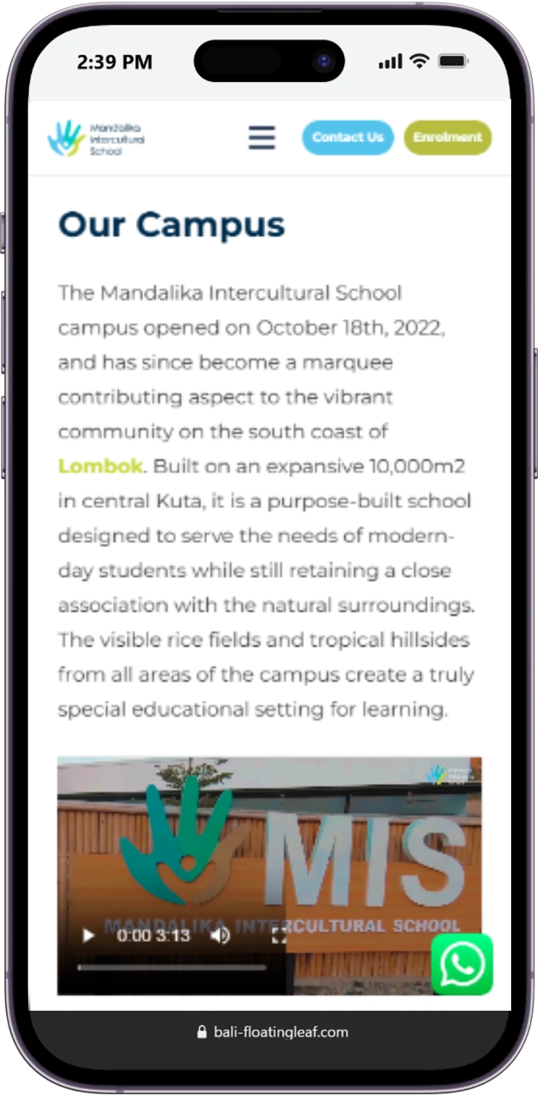 Responsive page of the Mandalika Intercultural School website displayed on a mobile device.