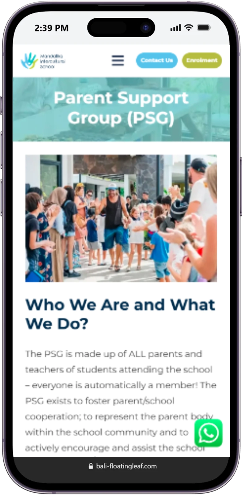 Responsive page of the Mandalika Intercultural School website displayed on a mobile device.