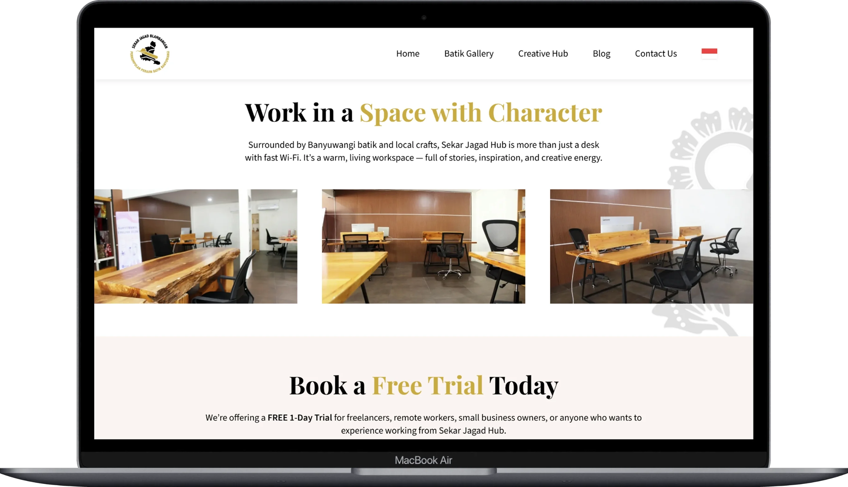 The page of the Sekar Jagad website displayed on a laptop.