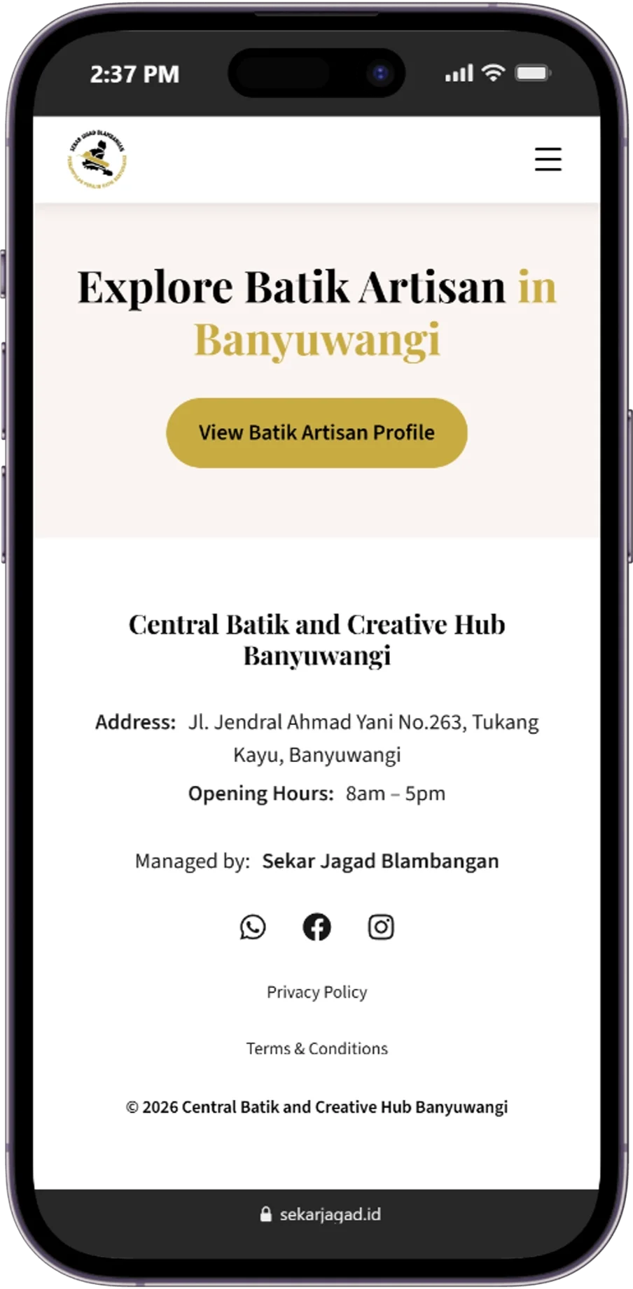 Responsive page of the Sekar Jagad website displayed on a mobile device.