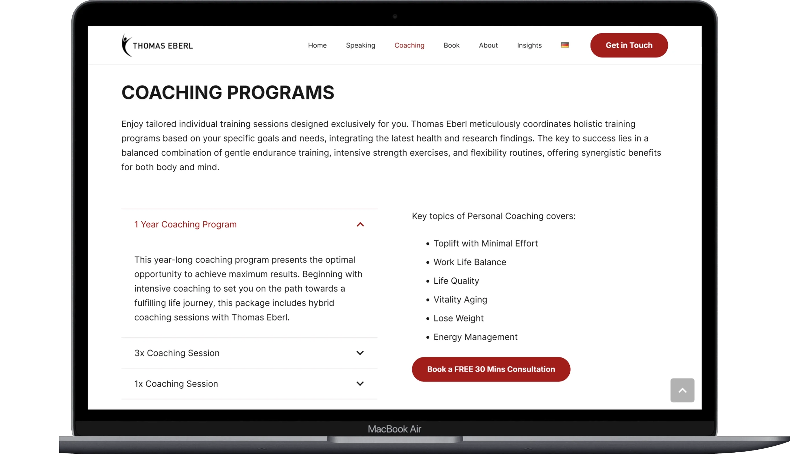 Contact Us page of the thomas-eberl website displayed on a laptop.