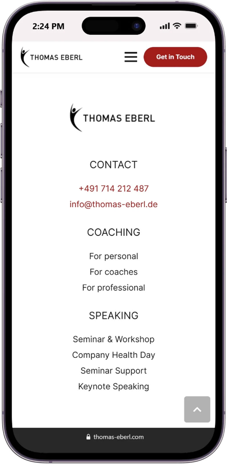 Responsive Homepage of the thomas-eberl website displayed on a mobile device.