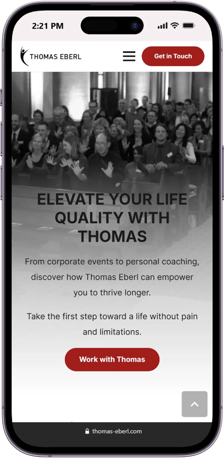Responsive page of the thomas-eberl website displayed on a mobile device.