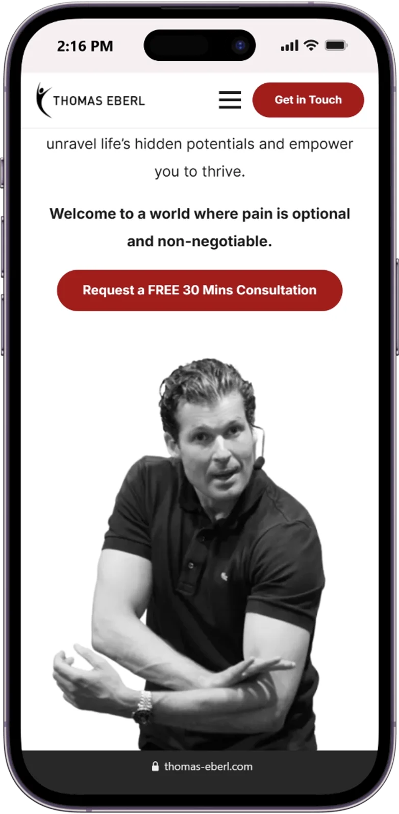 Responsive Contact Us page of the thomas-eberl website displayed on a mobile device.