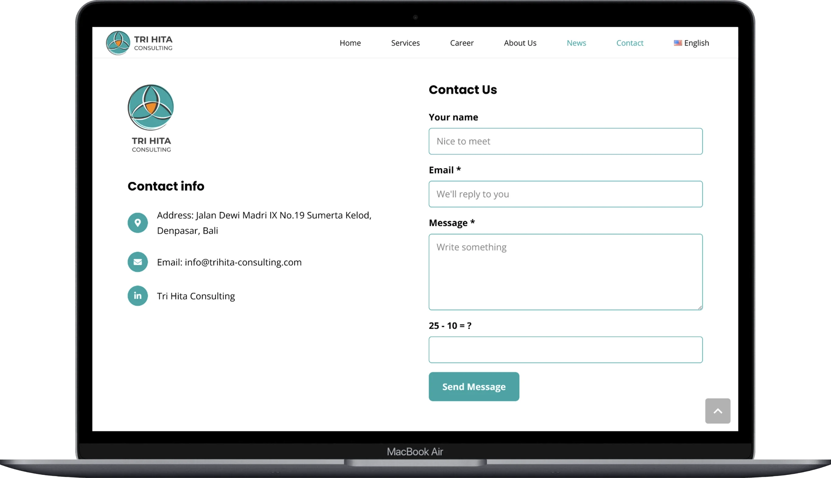 Contact Us page of the trihita website displayed on a laptop.