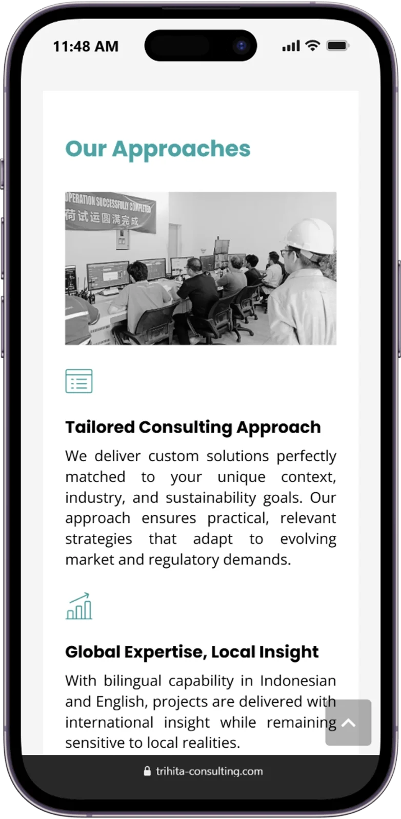 Responsive page of the trihita website displayed on a mobile device.