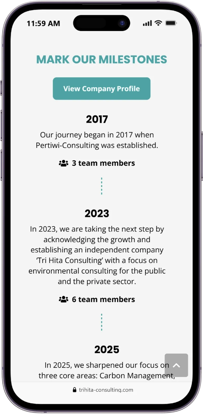 Responsive Our Crew page of the trihita website displayed on a mobile device.