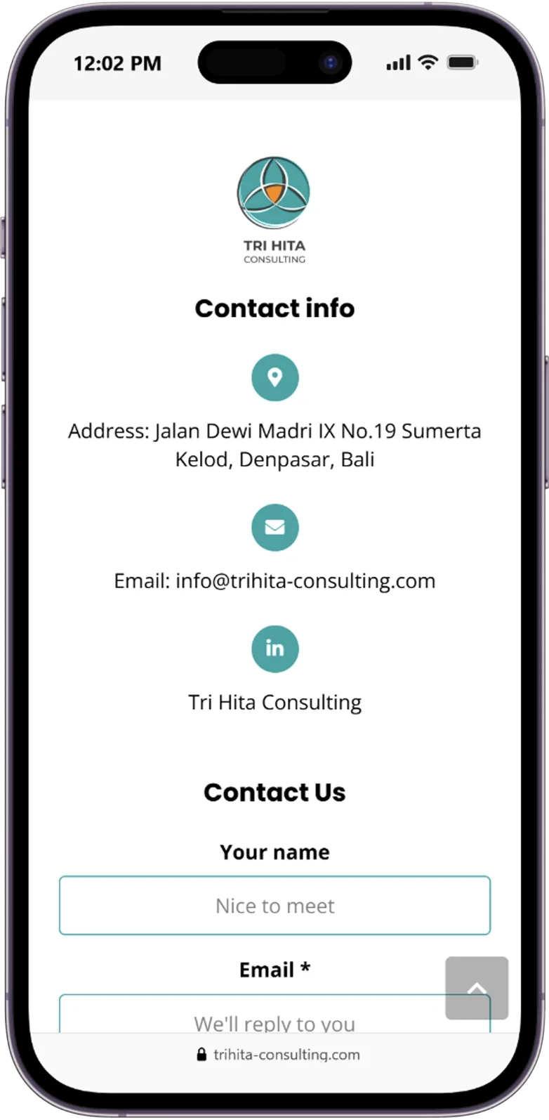 Responsive Contact Us page of the trihita website displayed on a mobile device.